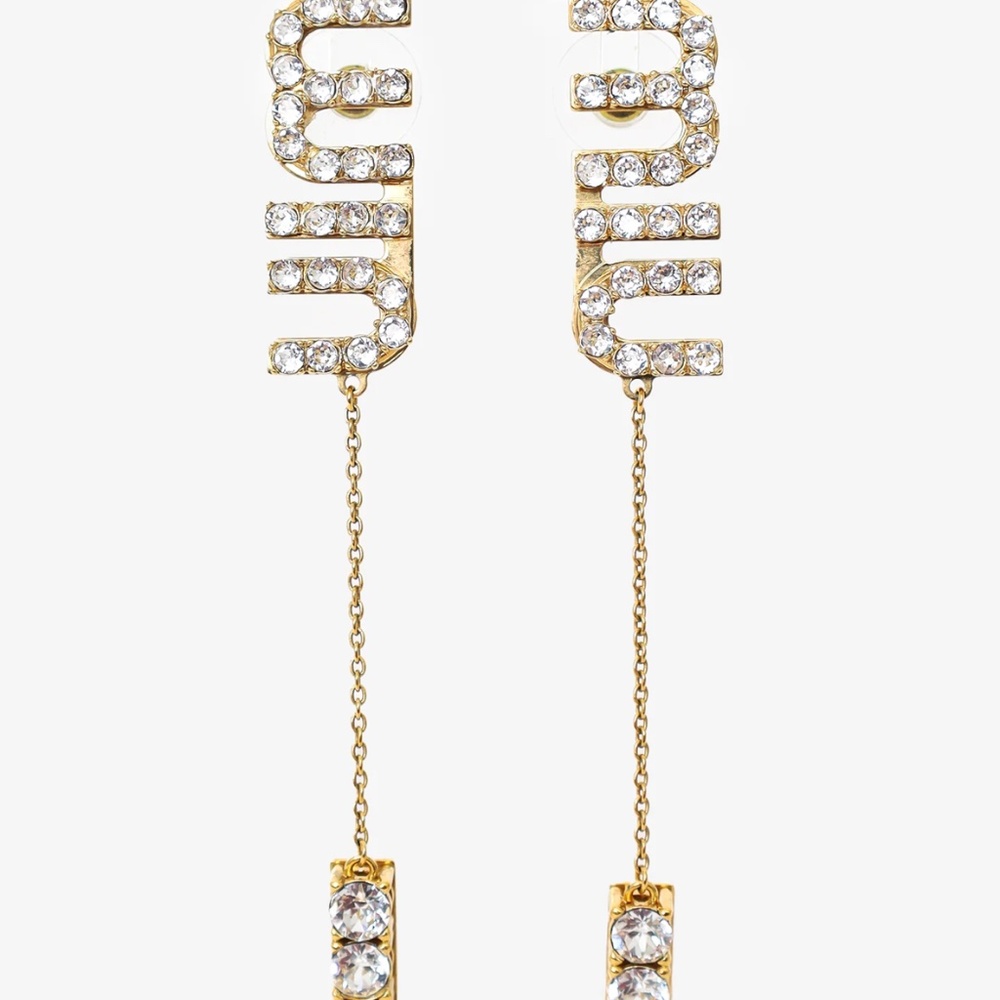Miu Miu Gold Tone Crystal Logo Embellished Drop Earrings